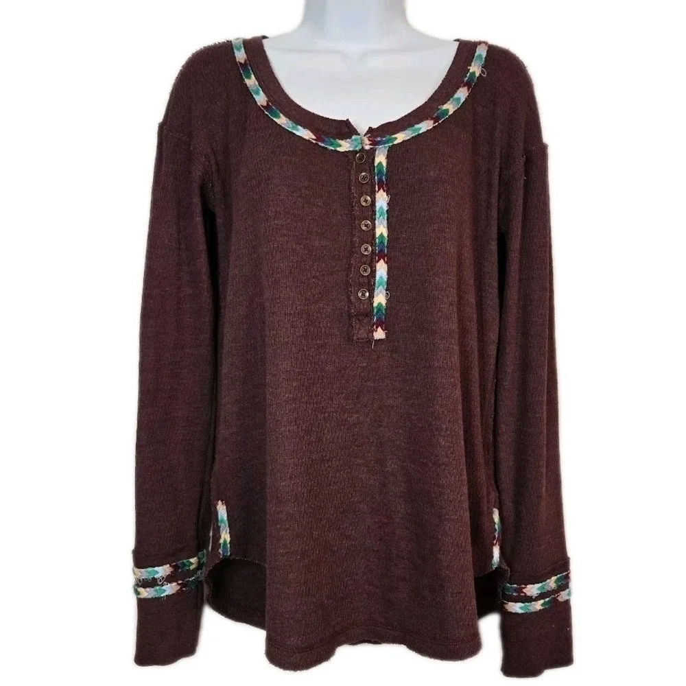 Free People Burgundy Embroidered‎ Braided Thermal Long Sleeve Shirt Size SMALL
